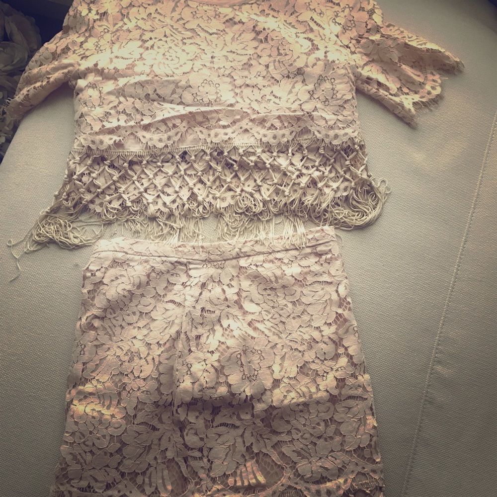 2 piece flower and fringe outfit.